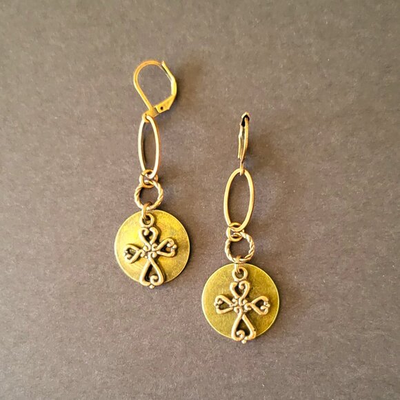 Beautiful Copper Cross & Bronze Brass Coin LeverBack Earrings, Faith, Hope, Love - Picture 4 of 4